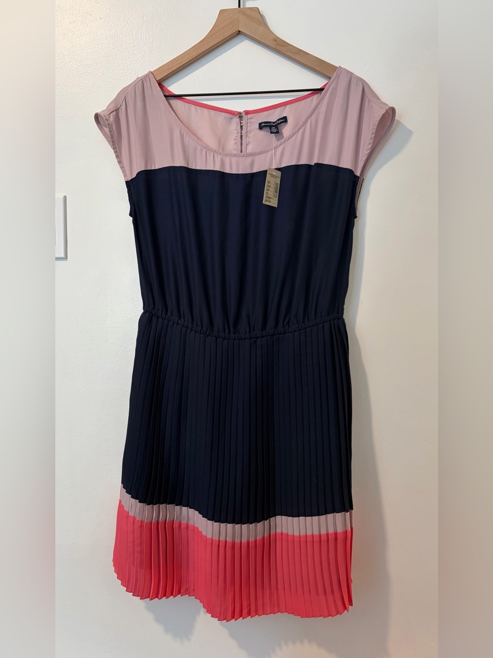 American Eagle Outfitters - Navy, Blush & Coral Pleated Colorblock Dress